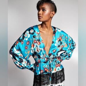 INC International Concepts Misa Hylton Beaded Fringe Kimono Blouse Retro Floral